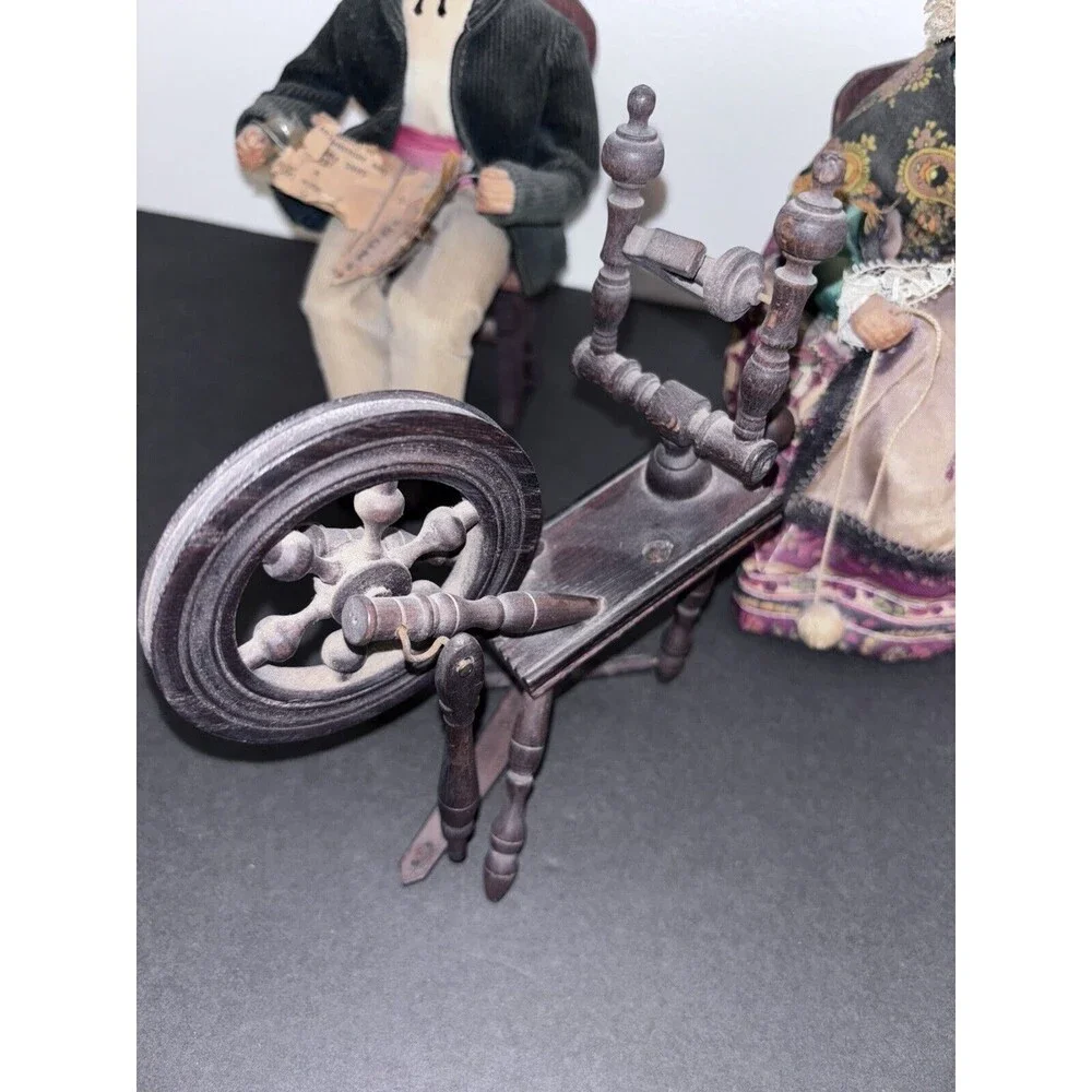 Antique French Dolls With Wood Spinning Wheel